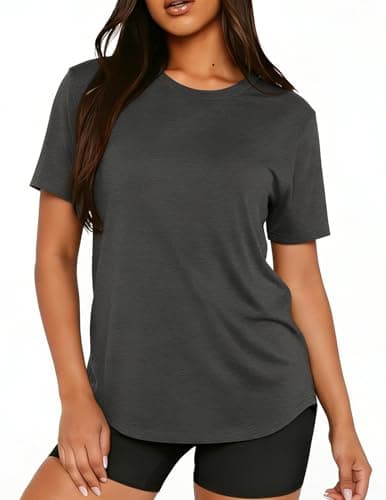 LETSEE Workout Tops for Women Workout Casual Yoga Athletic Short Sleeve Shirts Breathable Crewneck Tops Dark Grey L