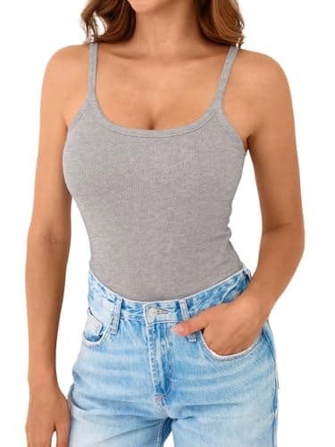 GKBK Women's Sleeveless Built in Bra Tank Top Form Fitting Scoop Neck Ribbed Knit Basic Padded Cami Shirts Dark Green XL - Thumbnail 3