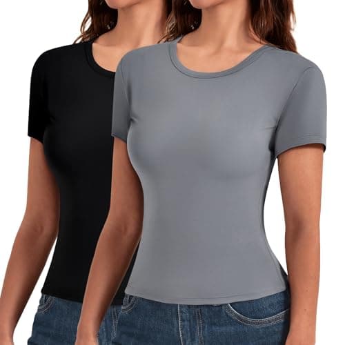Leafigure 2 Pack Womens Basic T Shirts, Crewneck Slim Fit Tees Short Sleeve Tops for Casual Summer Outfits 2026 Black/Grey Medium - Image 1
