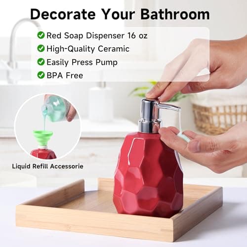 Ceramic Bathroom Accessories Set 4 PCS,Bathroom Toothbrush Holder Set,Soap and Toothbrush Holder Set,Include Toothbrush Holder,Soap Dispenser,Tumbler,Soap Dish,Bathroom Sets Decor Organizer (Red) - Thumbnail 5