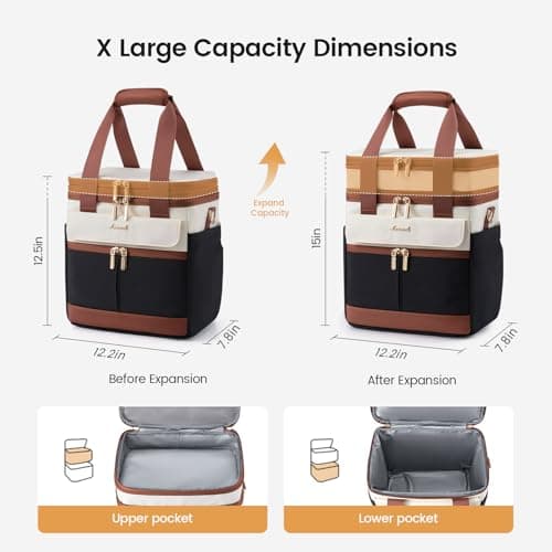 LOVEVOOK Insulated Lunch Bag Women Men,Expandable Double Deck Lunch Box for Women With Large Cup Holder,Leakproof Cooler Bag For Adult Lunch Tote Bag Work Picnic Beach with Adjustable Shoulder Strap - Thumbnail 5