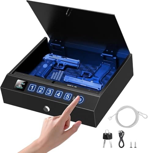 Biometric Gun Safe for Handgun 3-Ways unlock Fingerprint Digital PIN Key Unlock Pistol Safe with Security Cable Gun Lock Box With Interior Light For Nightstand Car & Home Security