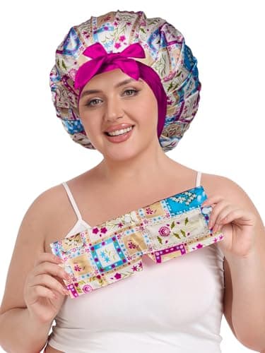 Vettres Pleated Silk Sleeping Bonnet with Eye Mask Double Layer Satin Hair Bonnets Sleep Cap for Curly Natural Hair Blue Purple Floral - Thumbnail 4