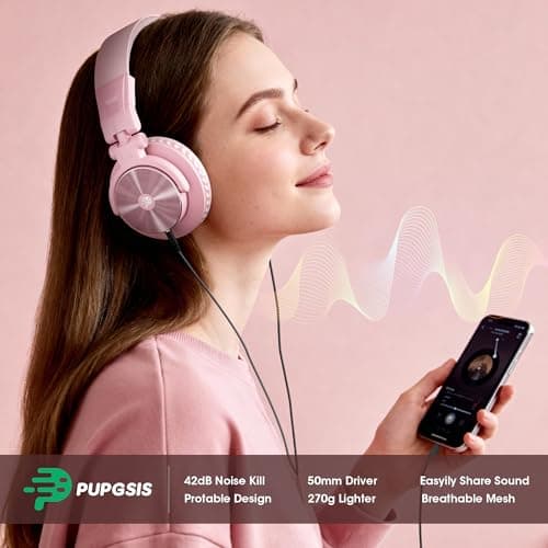 PUPGSIS Wired Hi-Res Studio Monitor Headphones - 50mm Drivers Over-Ear with 1/4 to 3.5mm Jack, for AMP Recording, Mixing, DJ, Gaming & Music Production(Pink) - Thumbnail 2
