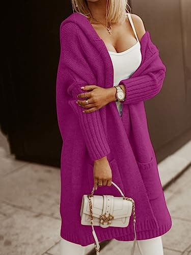 Aoysky Womens Long Cardigans Cable Knitted Open Front Oversized Hooded Outerwear Sweater Coat Purple - Thumbnail 2