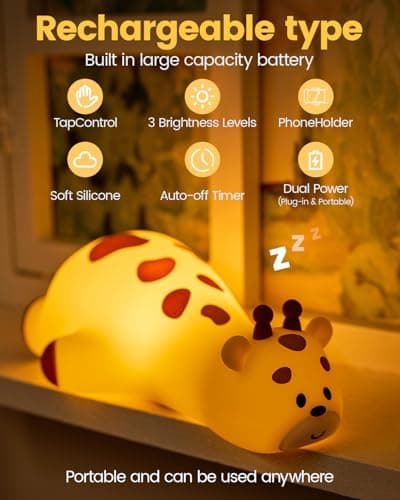 joyful xinghai Kids Night Light Giraffe, Silicone Tap Control Bedside Lamp with Time Auto-Off, Cute Portable LED Nursery Light for Baby, Toddler, Bedroom - Thumbnail 2