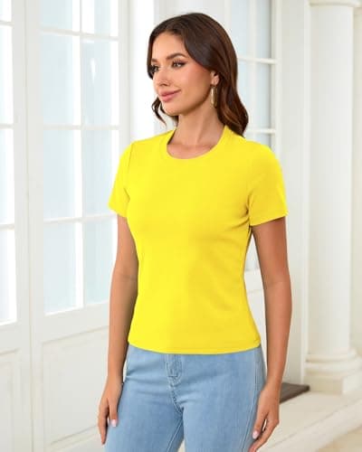 Abardsion Cotton Basic Tees for Women Spring Outfits Tops 2026 Short Sleeve Crewneck Slim Fit T Shirts (Butter Yellow, L) - Thumbnail 3