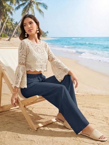 COPYLEAF Linen Pants Women Wide Leg Elastic Waist Flowy Palazzo Casual Pants with Pockets Beach Travel Trousers(Navy Blue XL) - Thumbnail 3