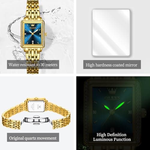 OLEVS Watch Women Gold Watches for Women Rectangle Blue Face Waterproof Stainless Steel Small Wrist Womens Watch Dainty Elegant Analog Quartz Ladies Watches Reloj para Mujer - Thumbnail 5