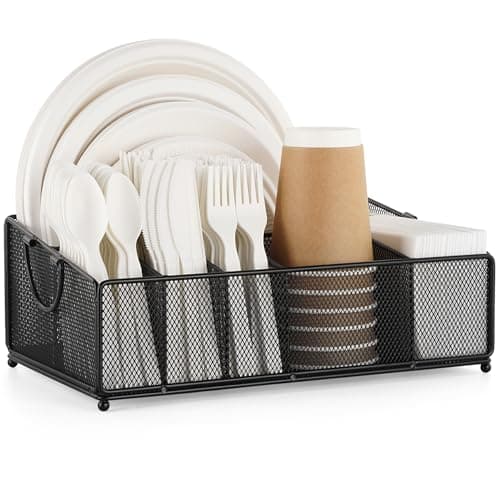 Cairondin Large Paper Plate and Silverware Caddy for Countertop Party Picnic Camping, Plastic Cutlery Holder Organizer for Disposable Plate Cup Flatware Utensil Napkin, Black - Image 1