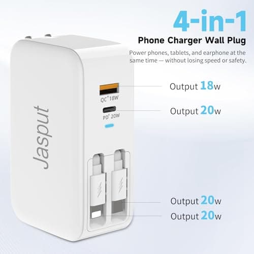 Jasput USB Wall Charger Block, Built-in Dual Retractable Cables 40W USB C Block Wall Plug with USB A/USB C Ports, Travel and PD Fast Charging for iPhone 17/16/15/14/13/12, Pad, Tablet and More - Thumbnail 5