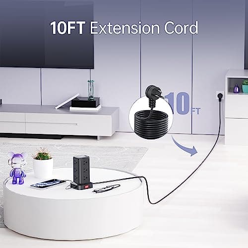 Extension Cord with Multiple Outlets, SMALLRT Surge Protector Power Strip Tower, 10FT Outlet Extender with 12 AC Outlets 4 USB, Power Strip with USB Ports for Home Office Dorm Room,Overload Protection - Thumbnail 5