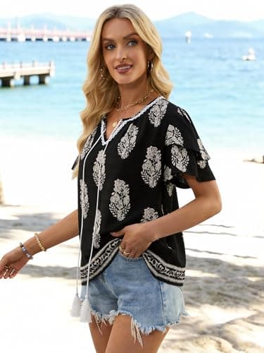 Bellcoco Womens Summer Boho Tops Short Sleeve Peplum Blouses V Neck Bohemian Shirt Tie Front Tunic Vacation Clothes Black X-Large - Thumbnail 3