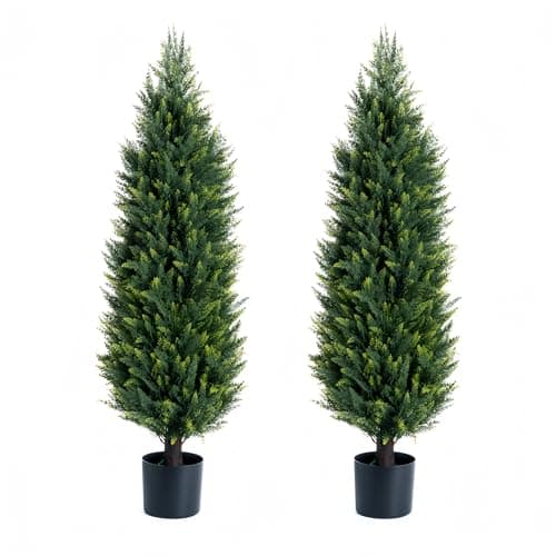 Artificial Cedar Topiary Trees, Set of 2 Lifelike Faux Pruned Cypress with Heavy-Duty Planters – UV-Resistant Outdoor Artificial Shrubs for Indoor/Outdoor Decor (40 Inches) - Image 1