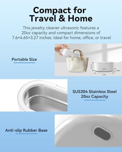 JeaTone Ultrasonic Jewelry Cleaner – 46kHz Sonic Cleaner for Rings, Glasses, Retainers, Dentures, Watches & More, 304 Stainless Steel 20oz Tank (White) - Thumbnail 5