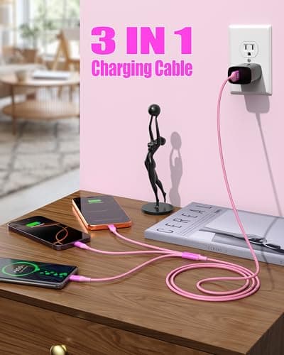 ShSiXin 3 in 1 Multi Charging Cable for Multiple Devices with USB-C/IP/Micro Port, USB Cable iPhone Charger Cord, Travel Car Charger Cord for iPhone17-8, Galaxy 25 Android iPad, 2Pack 4FT-Rose - Thumbnail 3