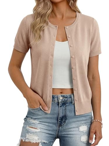 GRACE KARIN Women Summer Cropped Cardigans, Short Sleeve Bolero Shrugs, Open Front Button Down Sweaters Khaki 2XL - Image 1
