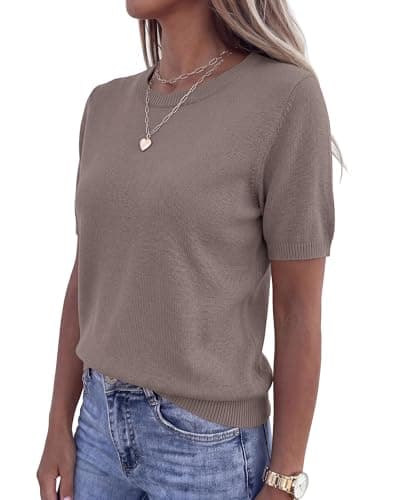BTFBM Women's Short Sleeve Sweaters 2026 Summer Crew Neck Knit Work Shirts Business Casual Tops Basic Fall Fashion Clothing(Apricot Khaki, Medium) - Thumbnail 5