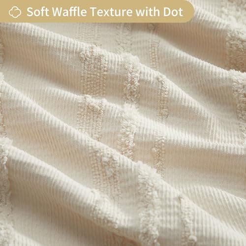 Lameirose Beige Shower Curtain Boho, 72 x 72 Cotton Blend Waffle Weave Stripe Textured Heavy Duty, Fabric Shower Curtain for Bathroom, Hotel, Washable - Thumbnail 3