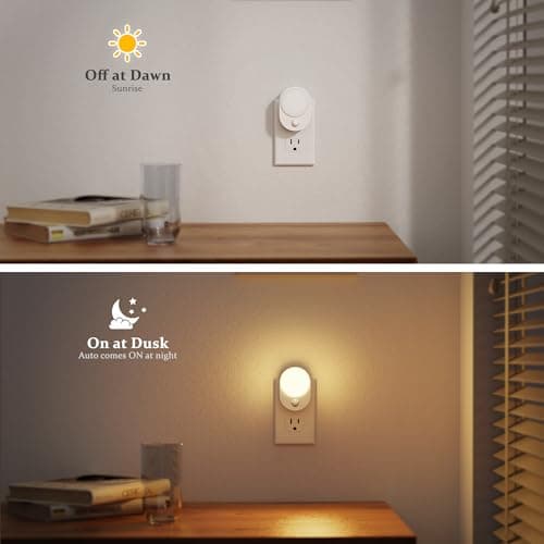 JandCase LED Motion Sensor Night Light, 2 Pack, Motion Activated Sensor Night Lights Plug into Wall, 3000K Warm White, Dimmable Nightlight with Dusk to Dawn Sensor for Kids Bathroom Hallway Bedroom - Thumbnail 5