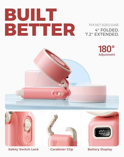 Diveblues Portable Turbo Fan, 7.4m/s High Speed Handheld Fan, 180° Foldable 4-in-1 Personal Neck Fan with Carabiner Clip, 100 Speed Stepless Control, USB-C Rechargeable for Travel, Makeup Hot Flashes - Thumbnail 4