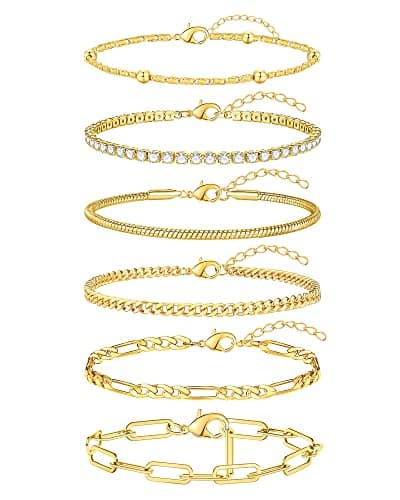 shownee Gold Chain Bracelets Set for Women - 14K Gold Plated Dainty Cuban Link Bracelet Stack Non Tarnish Figaro Herringbone Paperclip Beaded Bracelet Pack Jewelry Gifts for Women Graduation Gift for Her Mothers Day Gifts for Mom - Image 1