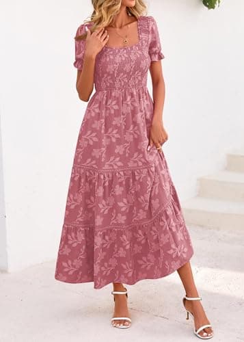 Lazysmile Women's Summer Boho Floral Maxi Dress Short Sleeve Square Neck Smocked Ruffle Elegant Wedding Guest Dress Pink - Thumbnail 6