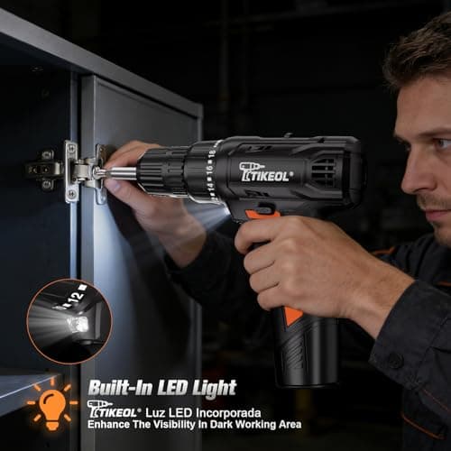 Tikeol 12V Cordless Drill Set, Lightweight Power Drill Driver with 3/8" Keyless Chuck, 2 Variable Speed Settings, 18+1 Position, Built-in LED Light, Mini drill for Home DIY, Furniture Assembly - Thumbnail 6