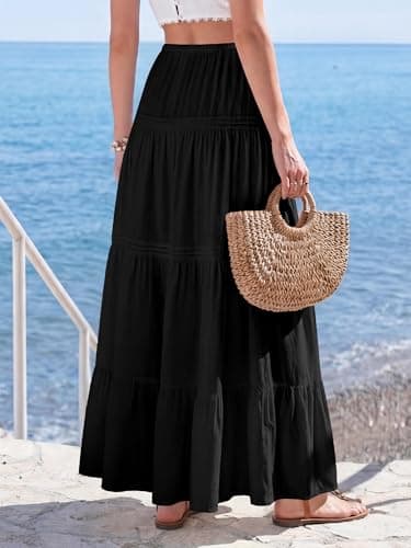 BTFBM Spring Skirts for Women 2026 Summer Boho Beach Vacation Clothes Casual Pleated High Waisted Flowy Maxi Skirt(Black, X-Large) - Thumbnail 3