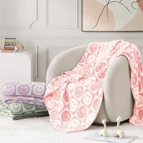 WRENSONGE Checkered Throw Blanket Blossom Smiling Face Soft Cozy Fluffy Warm Hand Made Throw Blankets for Couch, Sofa, Chair, Bed, Camping, Picnic, Travel Lightweight Bed Blanket - 50"*60" - Thumbnail 5