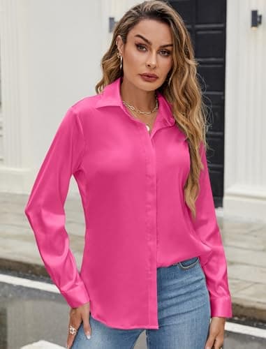 Neweek Womens Soft Satin Silk Button Down Silky Long Sleeve Work Shirt Collared Loose Blouses Tops Rose Red - Thumbnail 4
