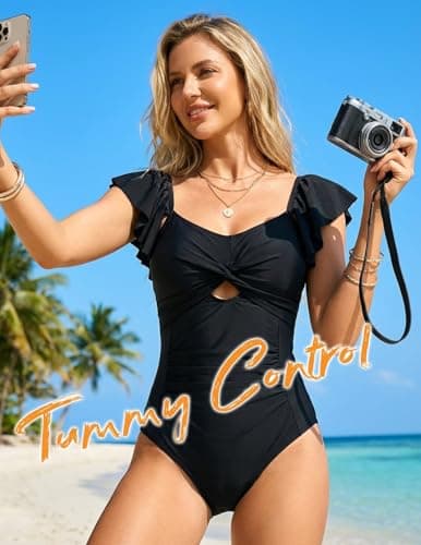 VIAURBE Women's One Piece Swimsuit Ruffle Slimming Tummy Control Bathing Suit High Waist 1 Piece Swimwear Black S - Thumbnail 2