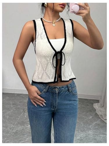 GORGLITTER Women's Crochet Tops Boho Tie Front Knit Crop Tank Tops Sleeveless Western Cowgirl Summer Going Out Outfits Beige Medium - Thumbnail 3