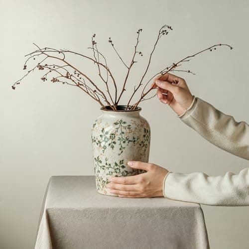 Ceramic Flower Vase | Farmhouse Green Rustic Vase for Home Decor, Vintage Floral Pottery Tuscan Decorative Vase for Living Room & Kitchen, Mantel & Bookshelf, Centerpieces, Entryway, Wedding(7.8 Inch) - Thumbnail 6