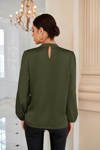 GRACE KARIN Womens Satin Blouses for Women Long Sleeve Shirts Mock Neck Blouses Spring Casual Tops Olive Green S - Thumbnail 2