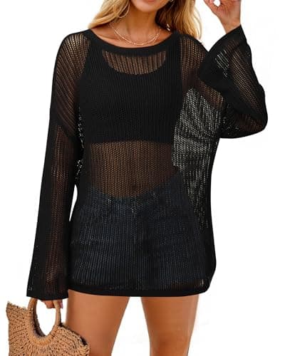 Arach&Cloz 2025 Women's Lyocell Linen Summer Fall Lightweight Oversized Swimsuit Cover Up Off Shoulder Crochet Tops Long Sleeve Boat Neck Shirts Loose Beach Vacation Outfits Casual Cute Black XXL - Image 1