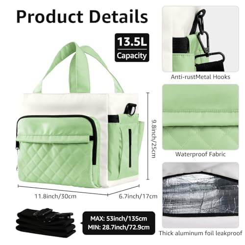Women's Insulated Lunch Box Bag - Stylish Tote Design, Leakproof Waterproof Lunch Cooler, Large Lunch Tote Bags for Work Commute & Dates (White-Green) - Thumbnail 2