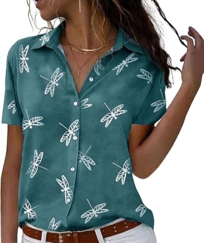 Chicwave Women's Short Sleeve Button Down Shirt, Collared V Neck Floral Blouse, Lightweight Teacher Office Top for Work, Travel, Vacation, Summer, Green - Thumbnail 4