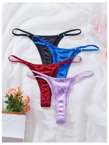 SHENHE Women's 4 Pack Satin G String Thongs Low Rise Silky Sexy Thongs Panties Underwear Black Blue Red Purple Large - Thumbnail 3