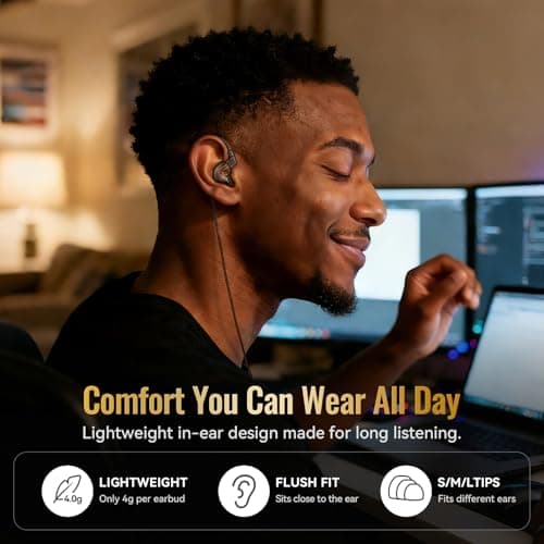 Kinglucky HiFi Wired IEM Earbuds, in-Ear Monitor Headphones for Gaming & Music, Balanced Clear Sound, Detachable 2-Pin Cable, Lightweight Comfortable Fit, 3.5mm Wired Earphones for PC, Laptop & Phone - Thumbnail 2