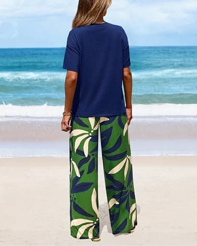 PRETTYGARDEN Women Summer 2 Piece Outfits 2026 Short Sleeve Knit Top Floral Print Belted Wide Leg Pant Sets With Pockets(Flroal Army Green,Small) - Thumbnail 5