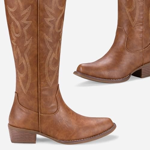 Jeossy Women's Brown Western Cowboy Boots Embroided Wide Calf Knee High Cowgirl Boots Round Toe Tall Boots with Inside Zipper Comfortable for Wedding Party Daily Wear Size 7 (DJY9809 brown 07) - Thumbnail 5