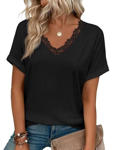JUSTFASHIONNOW Womens Summer Tops Short Rolled Sleeve V Neck Tshirts 2026 Casual Dressy Business Work Blouses(Black Small) - Image 1