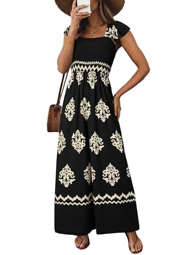 Happy Sailed Plus Size Jumpsuit for Curvy Women Vintage Floral Print Cap Sleeve Boho Jumpsuits Womens Overalls Wide Leg Long Pants Rompers Cruise Outfits Fashion 2025 Black 2X-Large - Image 1
