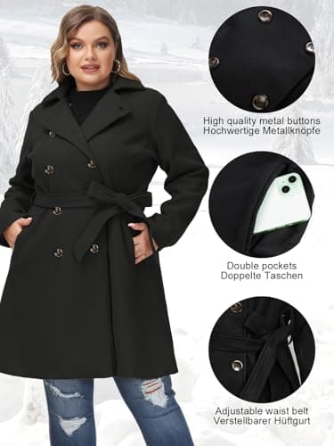Hanna Nikole Plus Size Outwear Winter Wool Jacket for Women Mid Long Belted Classic Trench Coat Black 3X - Thumbnail 5