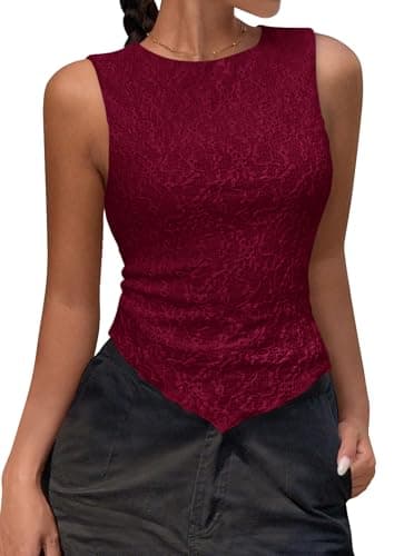 NALANISA Red Tank Tops Woman Summer Casual Slim Fitted Textured Sleeveless Going Out Y2K Asymmetrical Shirts Blouses Spring Outfits(Wine,L) - Image 1