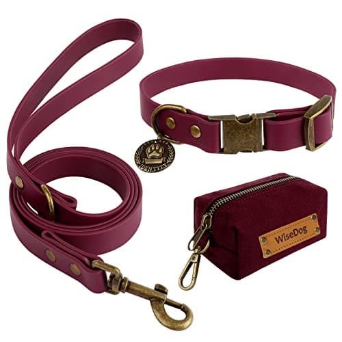 Wisedog Waterproof Dog Collar and Leash Set, Adjustable Puppy Collar with Cute Tag 5FT Dog Leash with Poop Bag for Small Medium Large Dogs (L, Burgundy) - Image 1