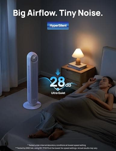 DREO Tower Fan for Bedroom, 25ft/s Smart Standing Fans, 90° Oscillating Floor Fan with 4 Modes, 4 Speeds, 8H Timer, 28dB, Bladeless, Remote, Works with WiFi Voice Control - Thumbnail 3