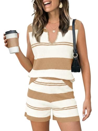 Tankaneo Womens 2 Piece Color Block Short Sets Summer V Neck Sleeveless Striped Tank Tops Sweater Lounge Outfits - Image 1