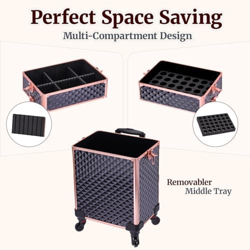 TOPACK Professional 4-In-1 Rolling Makeup Train Case, Large Makeup Travel Case with Key Shoulder Strap/Handle Cushion I Makeup Train Case I Makeup Nail Cart I Cosmetology Case on Wheels(Black Glod) - Thumbnail 5